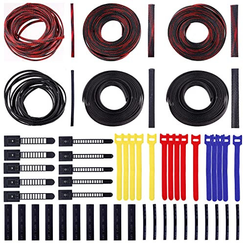 Keadic 51Pcs 1/2 1/4 1 Cable Management Wire Loom Kit Includes 16 ft Braided Cable Sleeve, Reusable Cord Ties, Heat Shrink Tube and Adhesive Nylon Zip Wire Straps for USB Audio Video