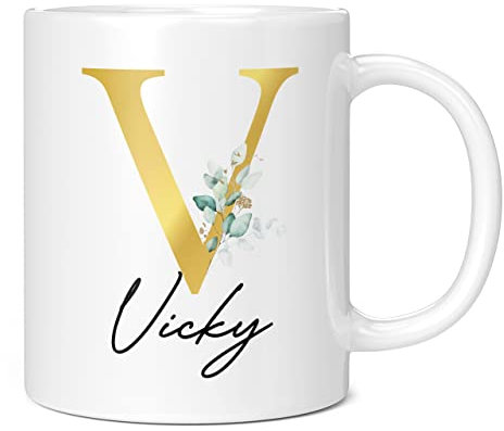Personalised Letter V Floral Mug Initial with Name, Customised Gift, Gold Effect Printed Letter, NOT Metallic - Ceramic Coffee Cup for Men or Women, Extra Large and Giant Mug, 20oz White Cup