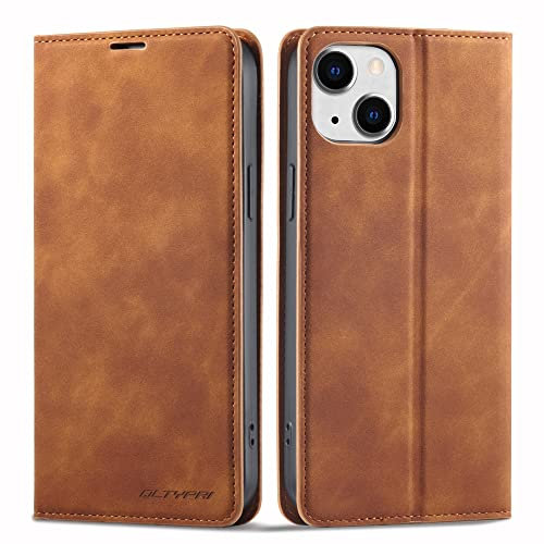 QLTYPRI Case for iPhone 14, Premium PU Leather Cover TPU Bumper with Card Holder Kickstand Hidden Magnetic Adsorption Flip Wallet Case Cover for iPhone 14 - Brown