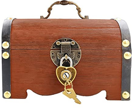 Vintage Holz Schatztruhe, Retro Holz Schatzkiste, für Aufbewahrung von Münzen, Papiergeld, Ringen, Halsketten, Schmuck (Rötlich Braun, mit Herzschloss)