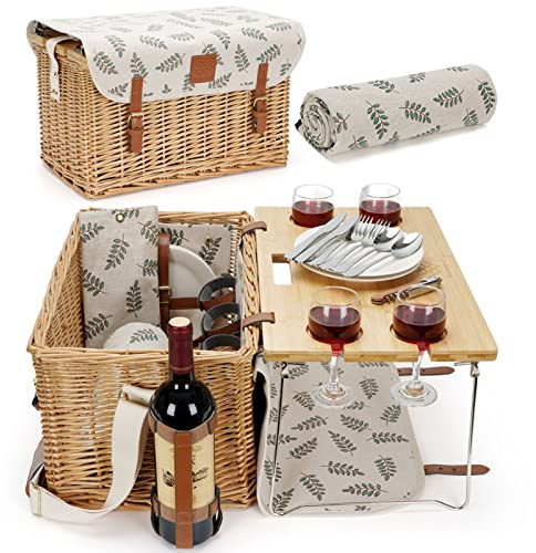 WILLOW WEAVE Picknickkorb mit Tisch, Wein-Picknickkorb-Set 4, Weidenkorb für 4, Weidenkorb, Service-Geschenkset mit Decke & tragbarem Wein-Snack-Tisch für Camping und Party im Freien