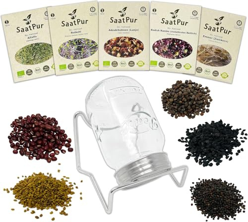 SaatPur® Bio Keimsprossen Geschenk-Set Nr7 mit Keimsprossenglas 500ml und 5 Saattüten Keimsaat, hohe Keimkraft, Micro-Greens für vitaminreiche Ernährung, nachhaltige Graspapier-Verpackung, vegan