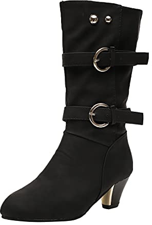 Stivali Pelle Cuoio Stivali Scarpe Plus Mid Cowboy Toe Stivali da Donna con Fibbia Vintage con Tacco Rotondo in Velluto Scarpe Pelo Interno