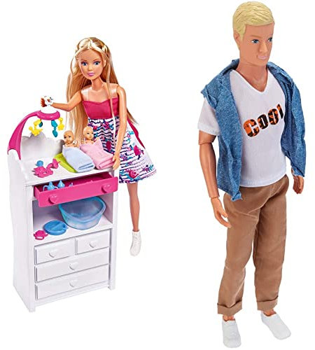 Simba Steffi Love Welcome Twins, Schwangere Puppe, mit Zwillingen, mit Wickeltisch und Badewanne & Steffi Love Cool Kevin, Spielpuppe, voll beweglich, in Cooler Freizeitmode, 30cm, ab 3 Jahren