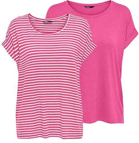 ONLY Tshirt Damen Bluse Top ONLMOSTER 2er Pack Regular Fit Rundhals Basic Kurzarm Shirt Streifen, Größe:S, Farbe:Gin Fizz w/cd Stripes