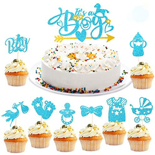 HOWAF 25 Babyparty Deko Junge, Tortendeko Babyparty Its A Boy Cake Topper Baby Cupcake Toppers Babyparty Tortendeko Baby Shower Cupcake Kuchen Deko für Gender Reveal Party Deko Baby Party Dekoration