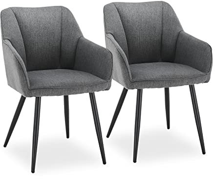CLIPOP Juego de 2 sillas de comedor de lino, tapizadas con reposabrazos y patas de metal, diseño retro, para salón, comedor (2 unidades, lino gris oscuro)