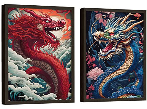 EXCOOL CLUB Asiatischer Drache, Wandkunst, japanischer Drache, Wanddekoration, rote Drachen, Kunstdruck, Tsunami-Bild für Heimdekoration, ungerahmt, 30,5 x 40,6 cm