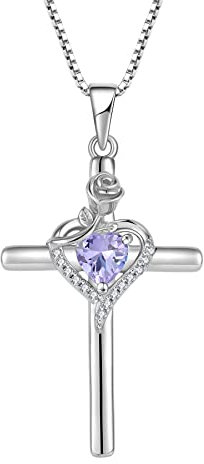 FJ Kreuz Kette Damen 925 Sterling Silber Alexandrit Kette Juni Geburtsstein Halskette Anhänger Rose Blume Schmuck Geschenke für Frauen Mutter Freundin Mama