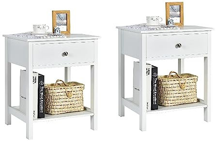 COSTWAY Nachttisch mit Schublade, Beistelltisch 2 Ebene Holz, Nachtkommode Nachtschrank Flurkommode, Flurtisch Telefontisch für Wohnzimmer Schlafzimmer, 48 x 40 x 58 cm (2, Weiß)