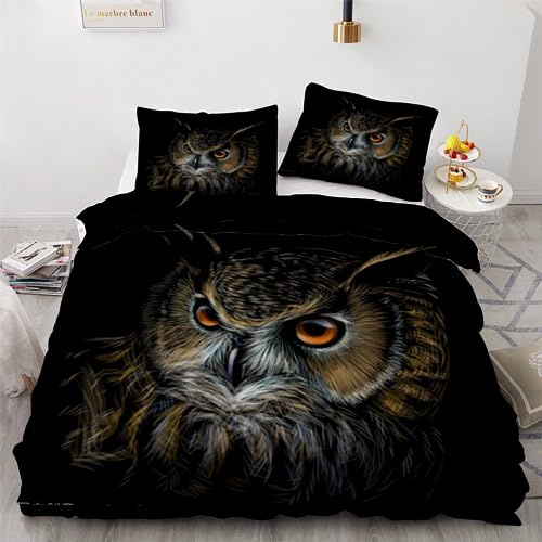 ROUSKI Bettwäsche Eule 200x200 cm 3teilig 100% Leicht Mikrofaser Bettbezug Vintage Eule Bettbezüge mit Reißverschluss 3D Motiv Zimmer Dekor Bettwäsche-Sets mit 2 Kissenbezüge 80x80