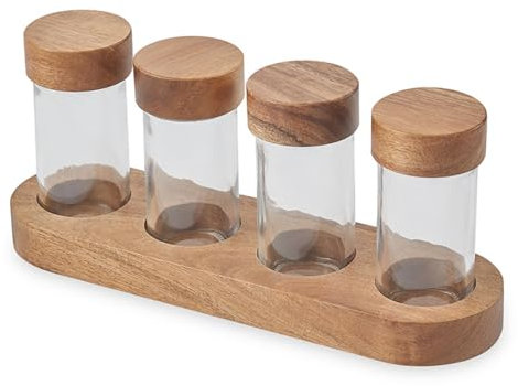 soulnioi 90ml Glass Jar Set in 4,Round Spice Glass Jar with Base,Acacia Wood Lid,Cumin Spice Jar,Spice Bottle,Cumin Spice Jar,For Seasoning,Candy,Tea & Coffee Bean Sealer Containers