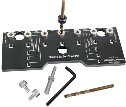 Shelf Pin Jig, 6.35mm 1/4 Cabinet Adjustable Shelf Jig Drill Guide, Shelf Pin Drilling Jig, 1/4 Aluminum Shelf Pin Drilling Template for Straight Holes, Cabinet Hardware Jig