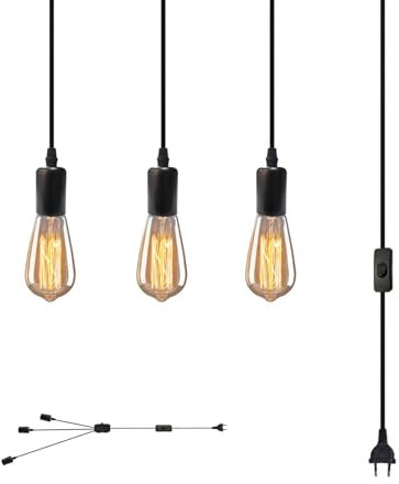 JZCDR Suspension Luminaire 3 Douille E27 Vintage Lampe Suspendue avec Cable et Prise Interrupteur Lustre de Corde Industrielle a Corde Noir pour Salon, Bar, Café, Restaurant (Pas d'ampoules)