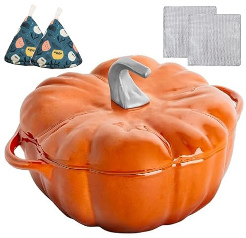 Emaillierte Gusseisen Topf 25Cm, Pumpkin Cocotte Mit Deckel, Antihaftbeschichteter Schmortopf Mit Edelstahlknopf Und Topflappen Aus Baumwolle, Für 4–5 Personen,4QT