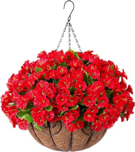 eamve Artificial Hanging Plants Flowers with Basket,Faux Silk Morning Glory Arrangement in Planter,Artificial Petunias Fake Hanging Flowers UV Resistant for Outside Porch Patio Balcony Garden Decor