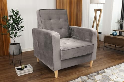 BEAUTY SOFA Bamako Sessel - Relaxsessel mit Armlehnen und Holzbeinen - Fernsehsessel - Polstersessel - für Wohnzimmer, Schlafzimmer - Sessel Wohnzimmer - Samt Beige (Paros 02)