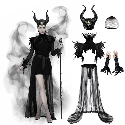 Joellfuner Maleficent Kostüm Damen, Victorian Gothic Teufel Flügel Kostüm, Königin Hörner Federumhang und Tüllrock Langer, Teufelshörner Kostüm für Damen Karneval Cosplay Party (1)