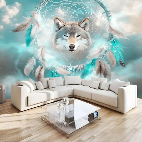 Papier Peint 3D Attrape-Rêves Loup À Plumes Vertes Panoramique Peinture Murale Interieur 400x280 cm pour Salon Chambre à Coucher D'Enfant Maison Décoration Murale