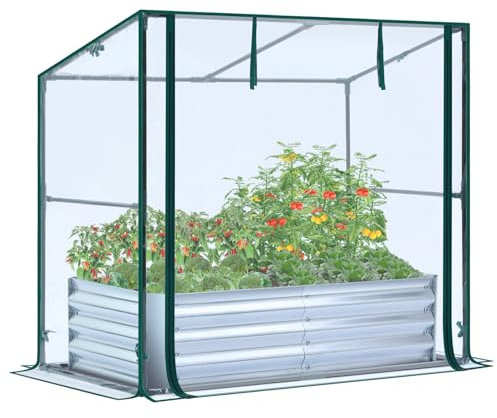Ohuhu Jardinière surélevée avec serre, jardinière en métal galvanisé avec couvercle en PVC, protège les plantes du gel, des oiseaux, des insectes, ensemble de jardinage 3 en 1 pour légumes, fleurs,