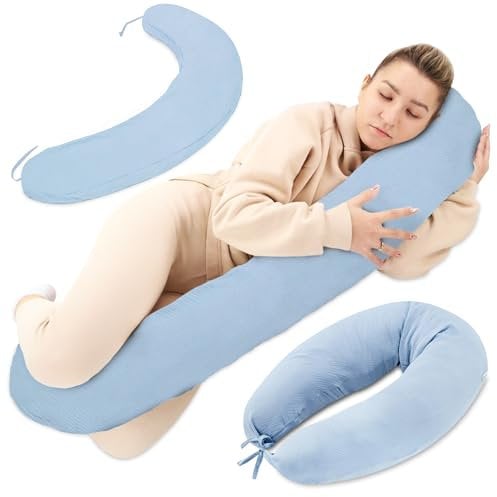 Stillkissen XXL Musselin Seitenschläferkissen Schwangerschaftskissen Lagerungskissen - Baumwolle Pregnancy Pillow Erwachsene - 190 cm Blau