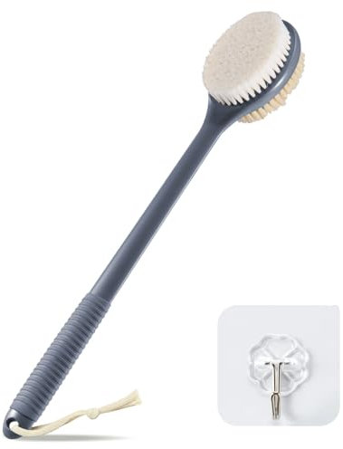 VANZAVANZU 42CM Back Scrubber for Shower, Anti-Slip Long Handle Bath Brush with Soft and Stiff Bristles, Exfoliating Shower Brush for Wet or Dry Brushing (Grey)