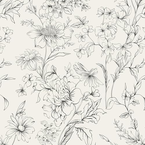 Hopepak 17.3''x394'' Black and Cream White Floral Wallpaper Peel and Stick Wall Paper for Bedroom Self Adhesive Removable Contact Paper Waterproof for Bathroom