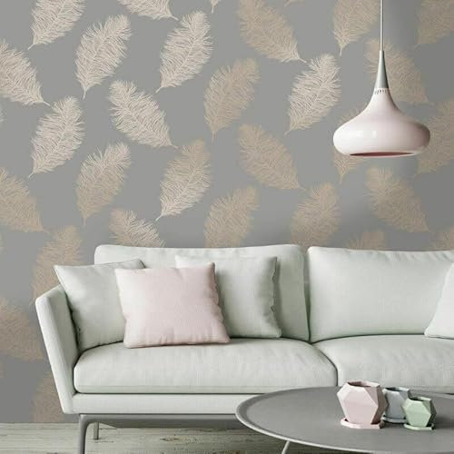 SOPHIE LAURENCE Metallic Fawning Feather Gold Grey Cream Rose Gold Wallpaper[Full ROLL - Rose Gold Grey Feather 12629]