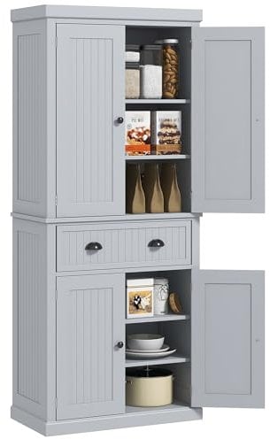 HOMCOM Küchenschrank Küchenbuffet Geschirrschrank Multi-Stauraum verstellbare Regale 4 Türen und große Schublade 76,2 x 40,2 x 183 cm grau