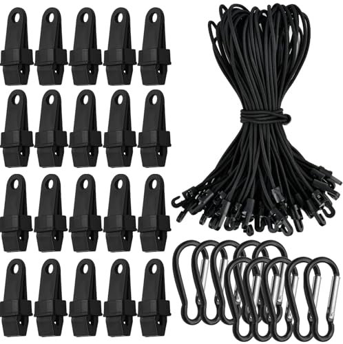 MSIHEY Kit d'extérieur, 20 clips de bâche + 20 tendeurs en caoutchouc avec crochets (25 cm), 10 mousquetons pour bâches de camping, bâches de tente, bâches de remorque, couvertures de piscine
