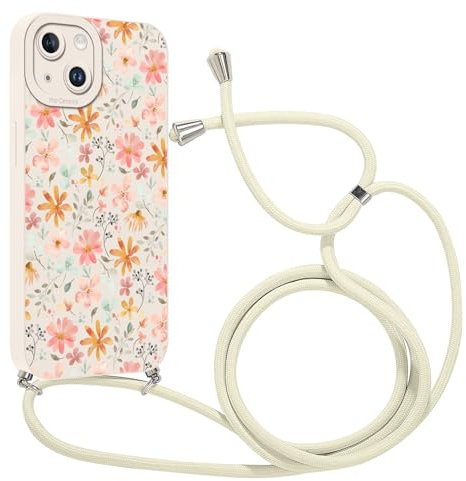 Coalbooliy Coque avec Cordon pour iPhone 14 6,1 avec Motif Blanc Fleur Case, Aesthetic Silicone étui avec Collier Réglable Corde Souple TPU Antichoc Housse de Protection pour Femmes, 06