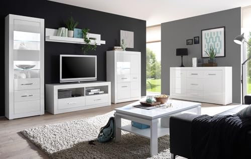 Furn.Design Wohnwand in weiß Hochglanz Wohnkombination 4-teilig 335 x 198 cm, Carrara