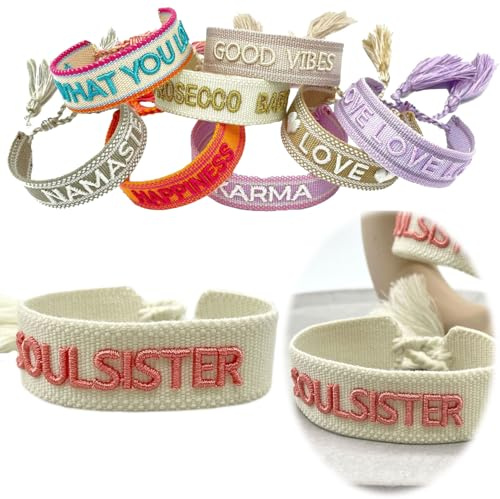 LS-LebenStil Exklusives Statement Armband - das Original 16-20cm Quasten besticktes Boho Canvas Webarmband Damen Freundschaftsarmband Geschenk gewebt textil Stoffarmband