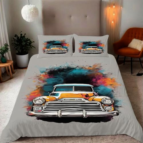 Zbeiba Bettwäsche 135x200 Oldtimer Muster 3D Drucke geeignet für Teenager Kinder Bettwäsche-Set Mikrofaser Bettbezug Mit Reißverschluss Und 2 Kissenbezug (135x200+2 * 80x80,#7