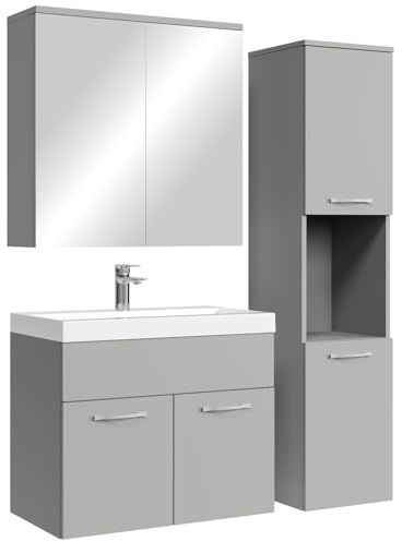 Badplaats Badmöbel Komplettset Montreal 60 x 35 cm Grau Matt - Badezimmermöbel mit Waschbecken, Spiegelschrank und Badezimmerschrank