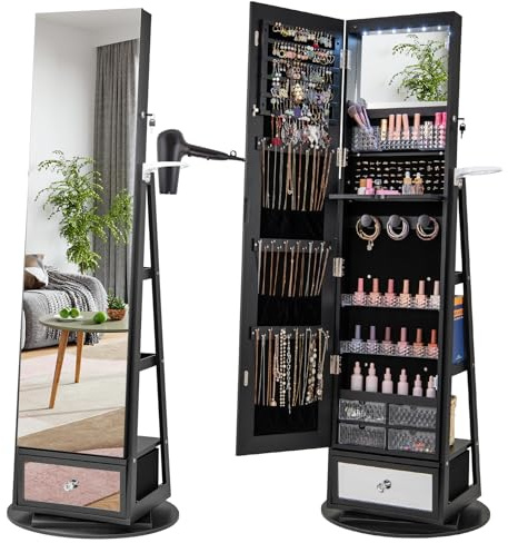 COSTWAY Schmuckschrank 360° drehbar, Spiegelschrank mit Ganzkörperspiegel, LED-Leucheten & Schublade & Haartrocknerhalter, Schmuckregal abschließbar, Standspiegel für Schmuck (Schwarz)