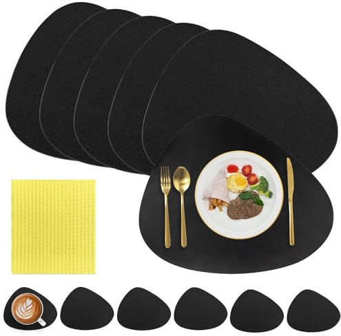 6pcs Tischsets Abwaschbar - 41x34cm Platzset Hitzebeständig Doppelseitigen, Tischsets Leder and Untersetzer, Wasserdicht rutschfest Platzdeckchen Platzset für Hause Küche Restaurant und Hotel,Schwarz