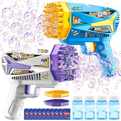 GMUFTIR Pistola de Burbujas, 2 Piezas Máquina Automática Pompas de Jabón, con 4 Botellas de solución, 10 Packs Solución de Recarga de Burbujas, para Niños, Adultos, Juguete de Verano