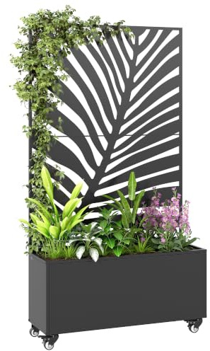 Outsunny Jardinière avec Treillis Grandes Feuilles 90x30x160cm Noir | Bac à Fleurs, Lit Surélevé avec Brise-Vue et Roulettes Verrouillables, pour Plantes Grimpantes, Légumes, Métal