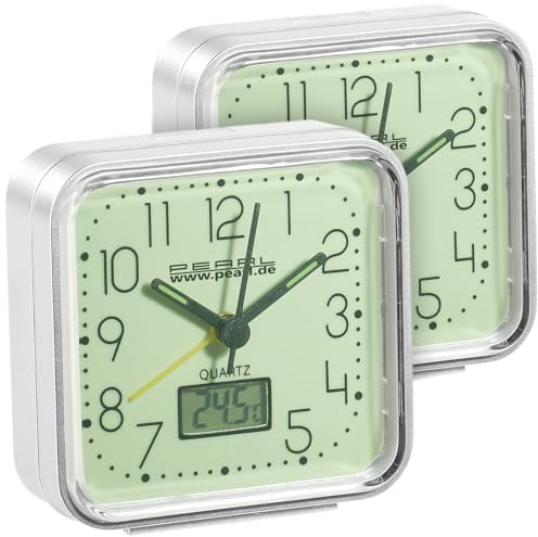 PEARL Analogwecker: 2er-Set Quarz-Wecker, nachleuchtend, mit Digital-Thermometer (Wecker mit Beleuchtung, nachtleuchtend)