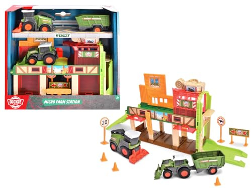 Dickie Toys – Micro Farm Station, Bauernhof Spielstation für Kinder ab 3 Jahren, Aufzug mit Startfunktion, Rampe, 3 Farmfahrzeuge mit Freilauf, Zubehör mit Verkehrsschildern und Pylonen, Farm Spielset
