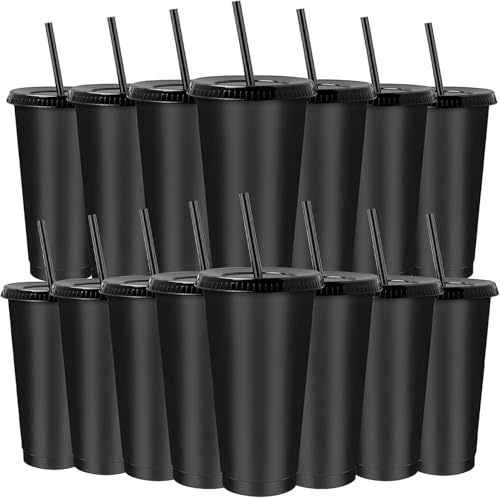 WEIWUXIAN 15 Unidades 710ml Vasos de Plástico Reutilizables con Pajita y Tapa, Vasos Fríos con Tapa y Popote, Inastillable Vasos de Viaje para Fiesta Parrilla Cumpleaños Viajes Familiares, Negro