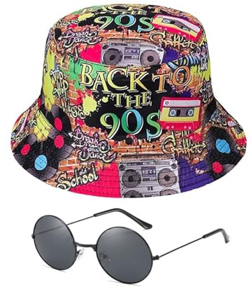 SxiGxiv 90er Jahre Accessoires, 90s Retro Party Set Mit Umkehrbarem Fischerhut und Vintage Brille, für Outdoor Aktivitäten,Retro-Party und Reisen