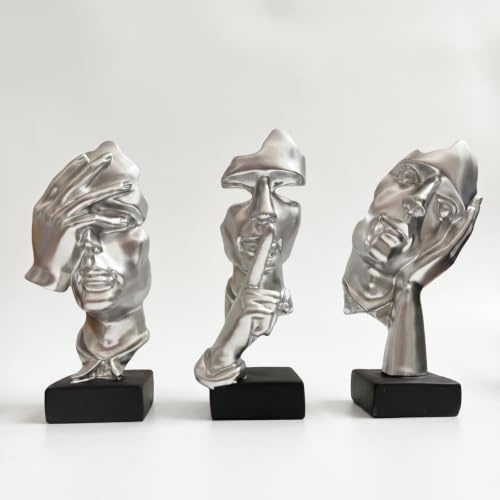 Skulpturen deko Denker Statue, 3 Stück Denker Statue, Stille ist Gold abstrakte Kunstfigur, moderne Zuhause Harz Skulpturen dekorative Objekte Dekor für Home Office Bücherregal Desktop (Silber)