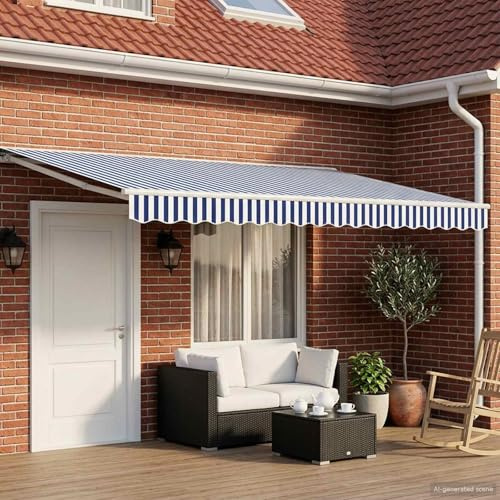 Runheo Tenda da Sole Elettrica Estensibile Blu Bianca 5x3,5 Metri con Braccio Articolato Protezione UV Impermeabile Resistente alle intemperie Motore Ideale per Giardino