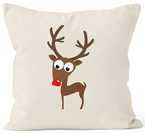 MoonWorks Kissen-Bezug Weihnachten Rentier Rote Nase Natur 40cm x 40cm