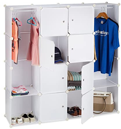 Relaxdays Kleiderschrank Stecksystem mit 12 Fächern, großer Garderobenschrank aus Kunststoff, 145,5 x 145,5 cm, weiß