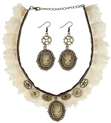 W WIDMANN MILANO Party Fashion 09774 - Schmuckset, Halsband aus Spitze und Cameo Relief Ohrringe, Schmuck, Halskette, Steampunk, Karneval, Mottoparty