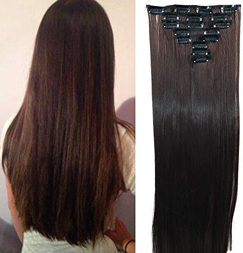 Cybelleza Clip in Extensions wie Echthaar Haarverlängerung Haarteil 8 Tressen Glatt Günstig Haarverdichtung Synthetische Haare (Mittel braun)