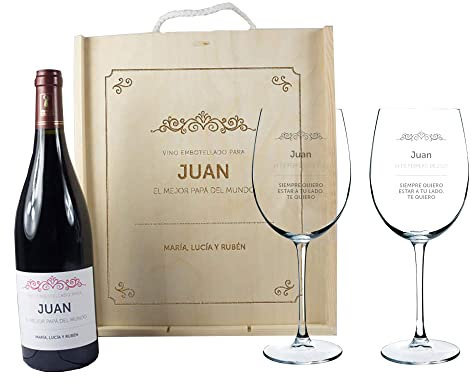 Kit para padre con Botella de Vino + Copas de Vino + Caja de Madera, Todo Personalizado con Nombre, dedicatoria y Firma. El mejor regalo para padre personalizado.